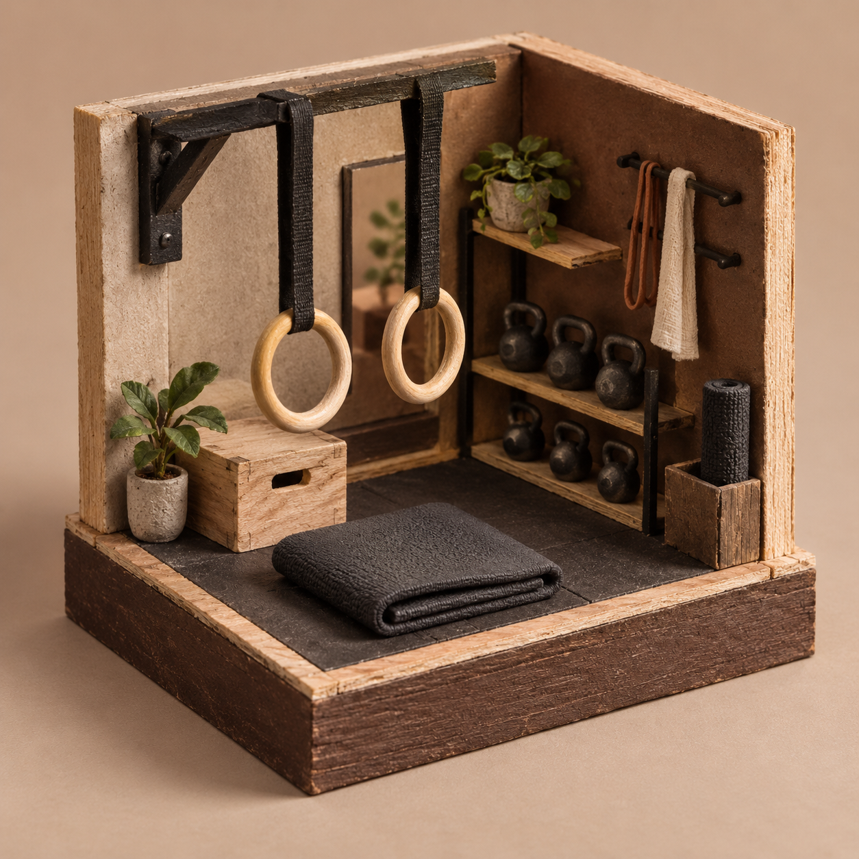 Illustrative scene of independent fitness studio: wooden rings, a folded exercise mat, neatly stored kettlebells
